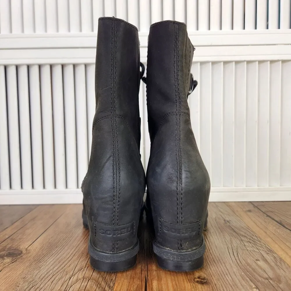 Sorel Joan of Artic Wedge II Womens Sz 10.5 Black Leather Waterproof Ankle Boots